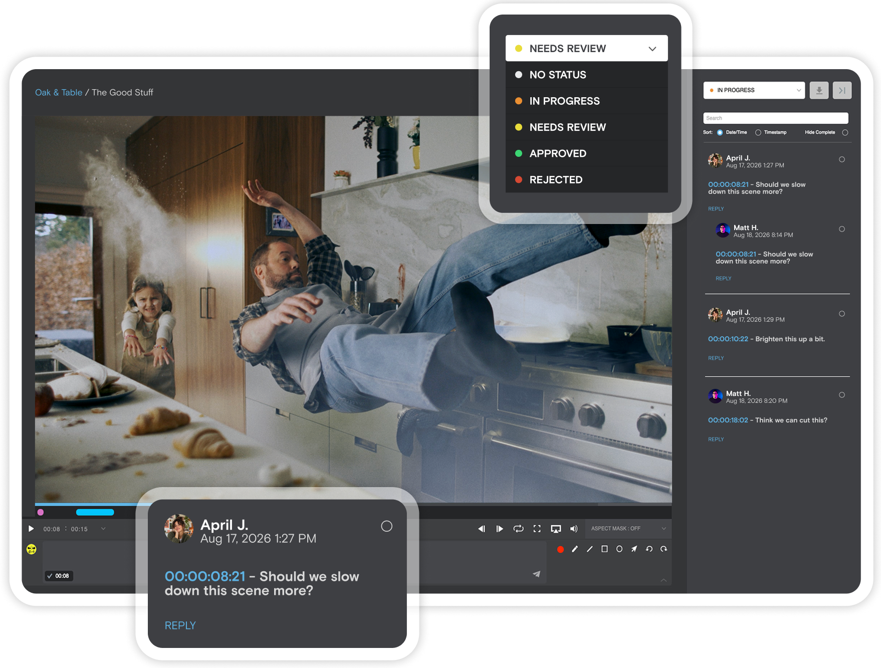 The Simian review workspace: video player, time-stamped comments and a review panel